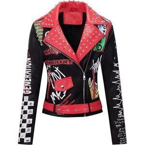 Women's Multi Faux Leather Peak Lapel & Classic Zipper Belts Biker Jacket